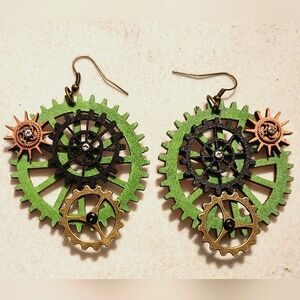 Hand crafted Wooden fidget gear earrings. Halloween color theme by nth degree co
